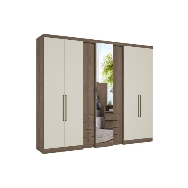 ROUPEIRO ABSOLUT  PLUS 7 PORTAS RUSTIC/OFF WHITE COM ESPELHO